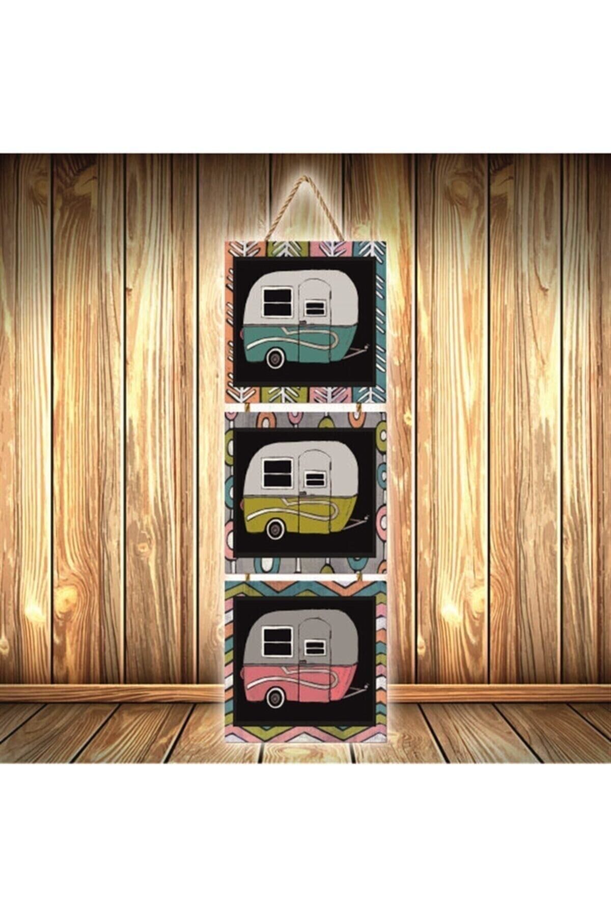 Retro Minibüs Tasarımlı Üçlü Retro Ahşap Poster Ü394