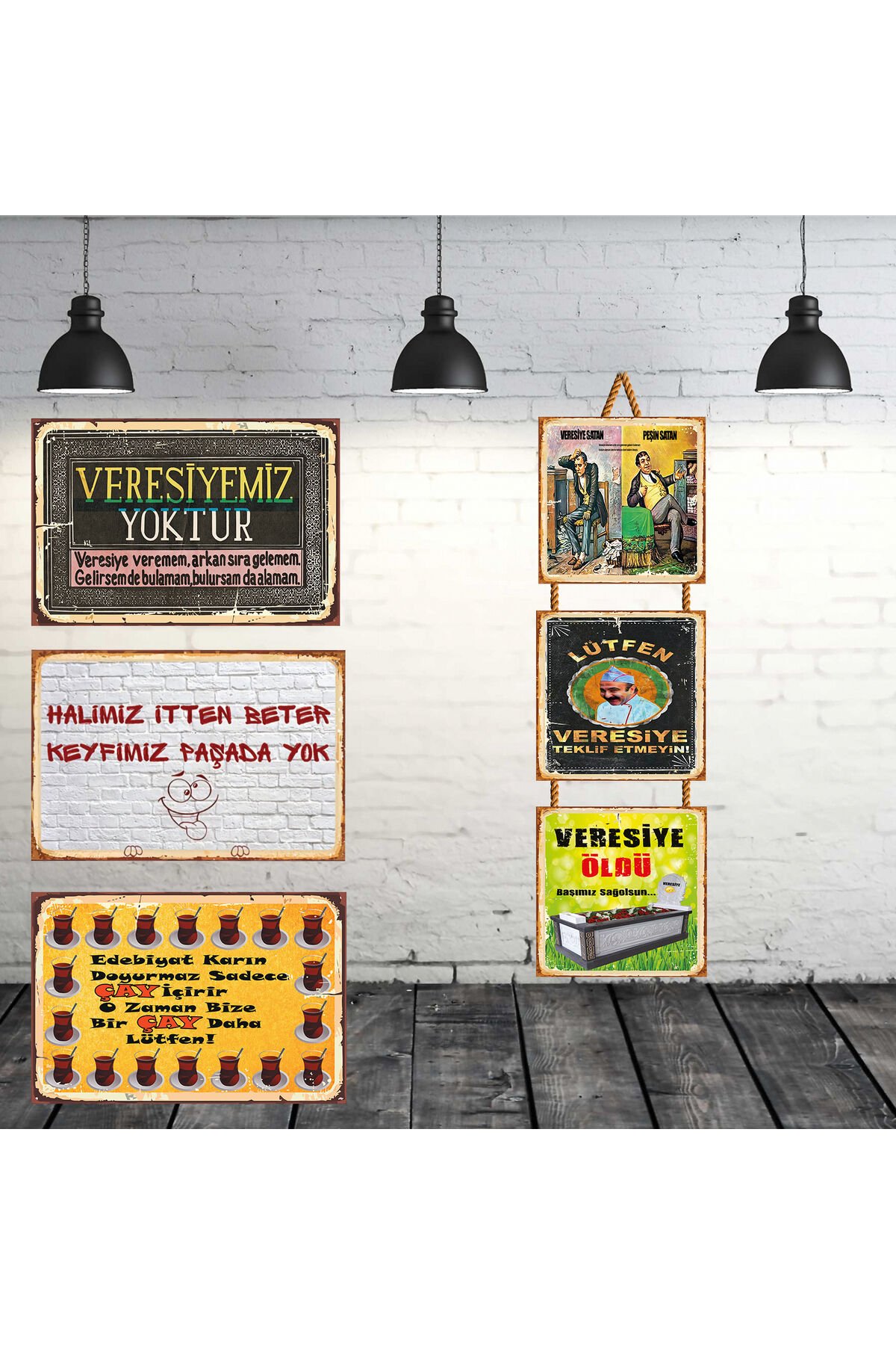 Veresiyemiz Yoktur & Sözler Seti 3 Adet 20x30 Cm 3 Adet 15x15 Cm Retro Ahşap Tablo