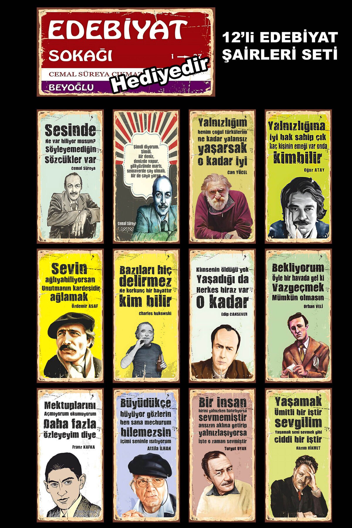 Edebiyat Sokağı Şairler Ve Yazarlar Retro Ahşap Poster Tablo Seti 12'li 10x20cm