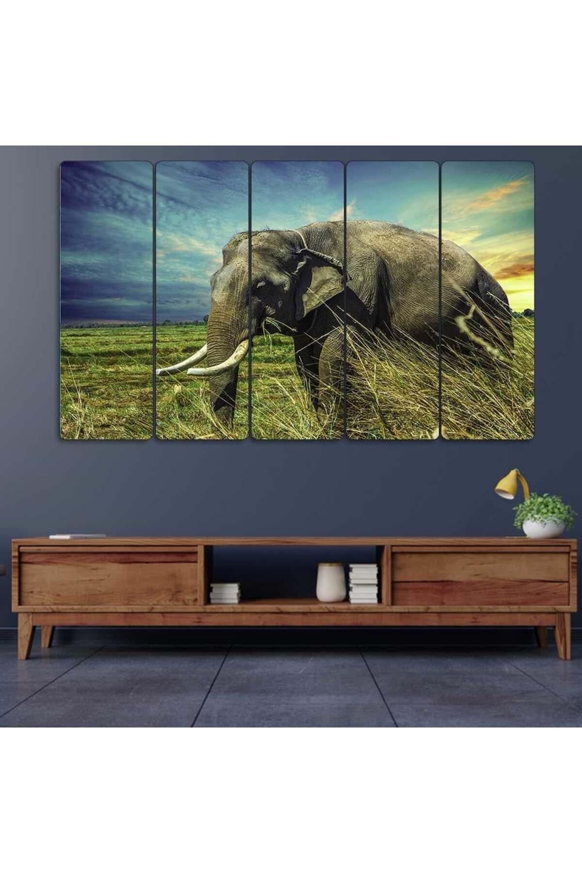 Fil, Çalılıklar, Manzara - 5 Parçalı Tablo