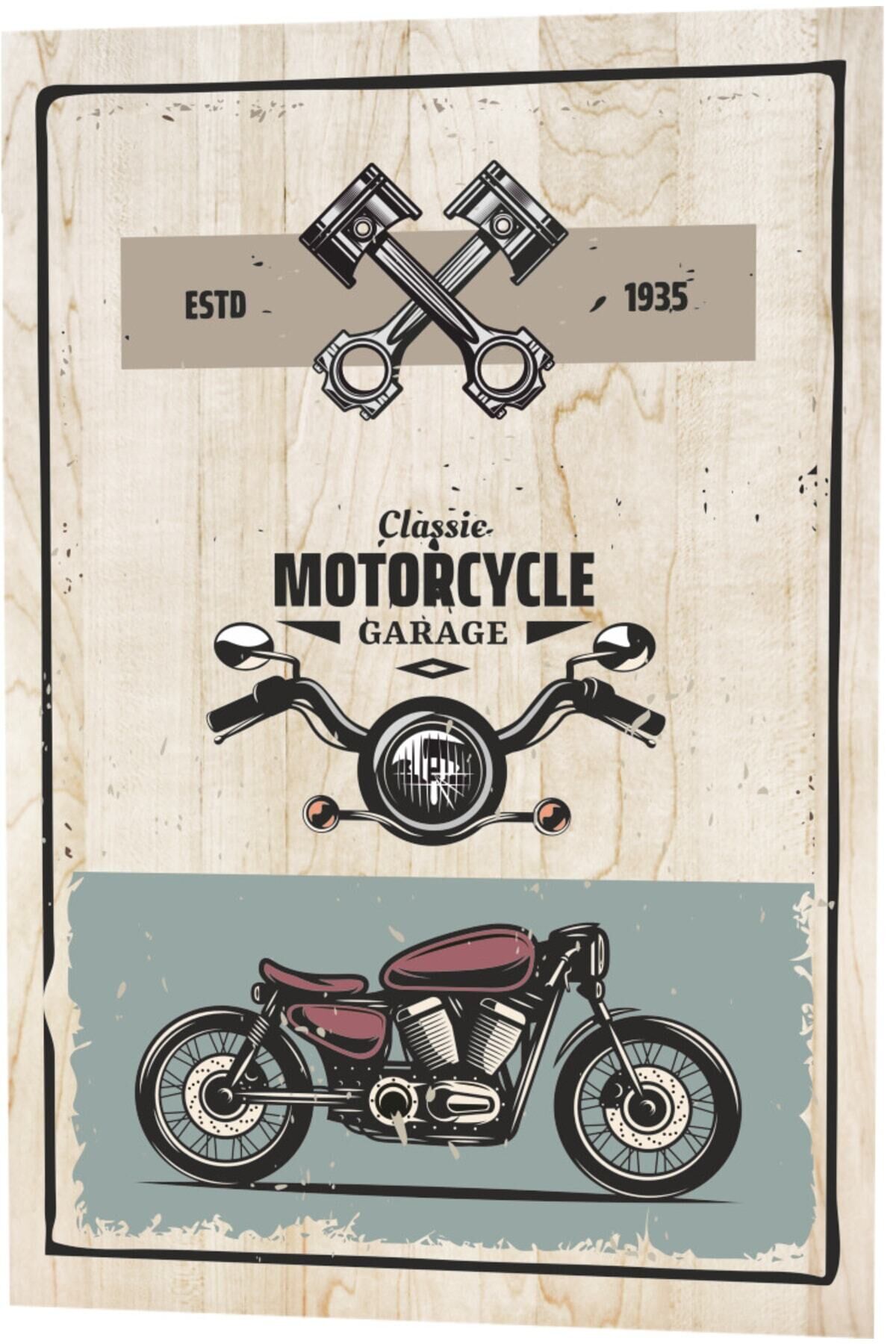 Klasik Motor Garaj Servis Ahşap Desenli Retro Ahşap Poster