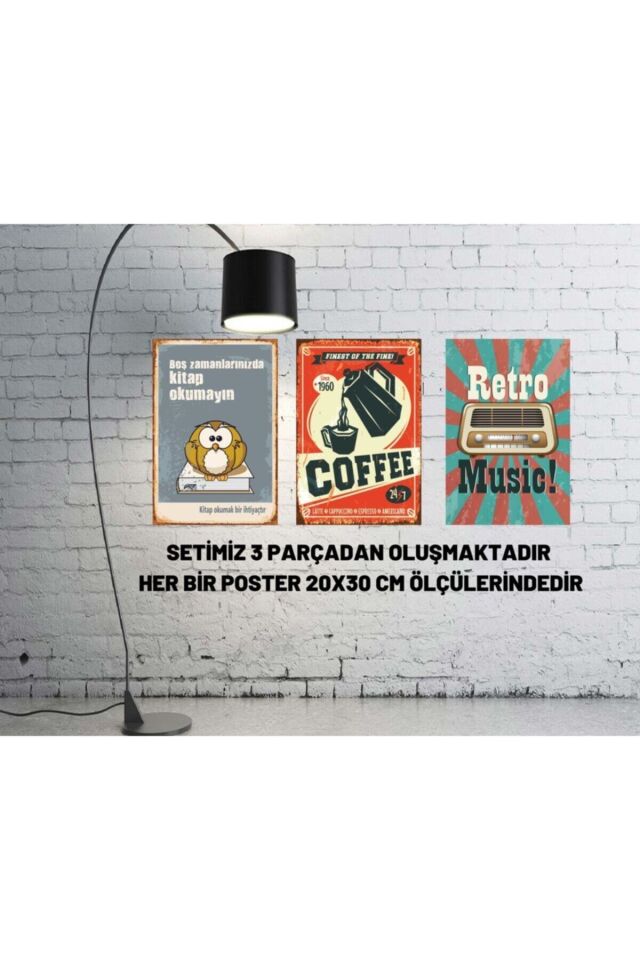 Kitap Müzik Kahve 3 Lü Retro Ahşap Poster Seti
