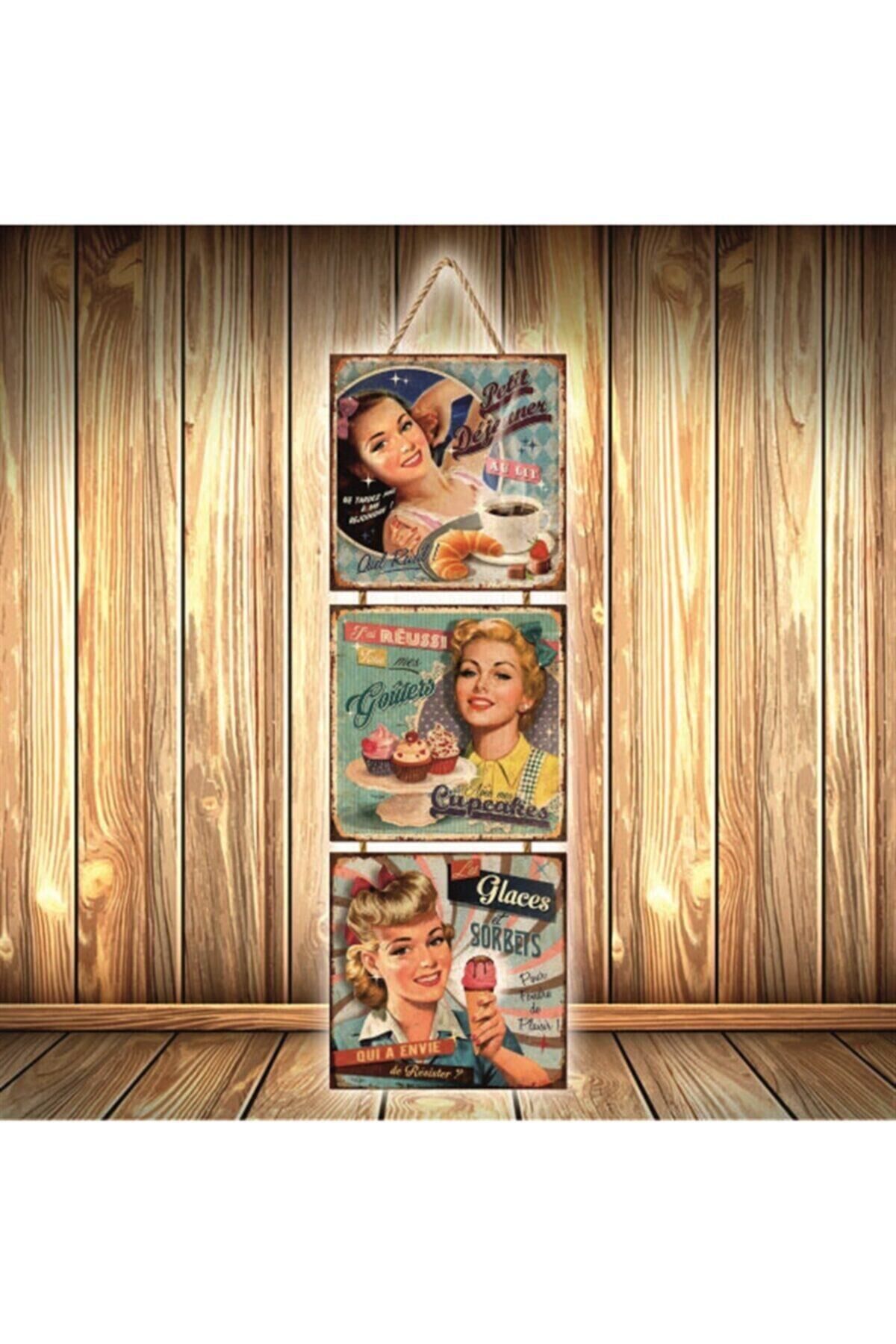 Quadro Cozinha Tasarımlı Üçlü Retro Ahşap Poster Ü328
