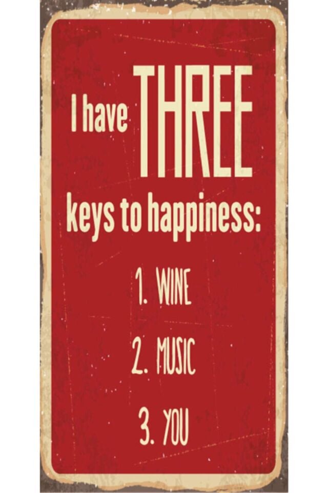 Three Keys To Happiness : Wine , Music , You - Retro Ahşap Poster – Özel Koleksiyon – Hbb