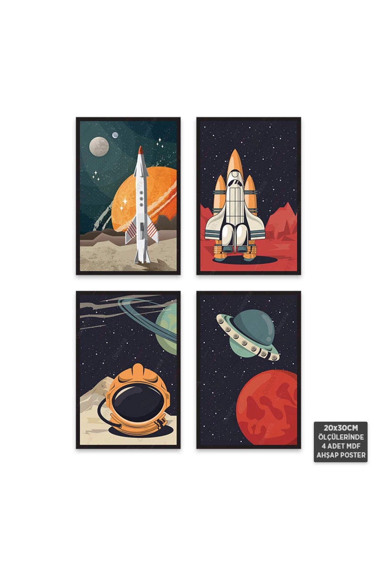 PS1034 - Astronot Modern Mdf Ahşap Poster Set (4 Adet - 20x30cm)