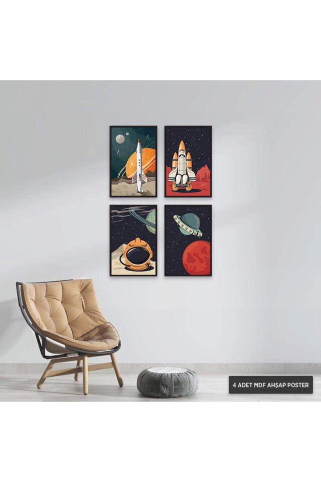 PS1034 - Astronot Modern Mdf Ahşap Poster Set (4 Adet - 20x30cm)