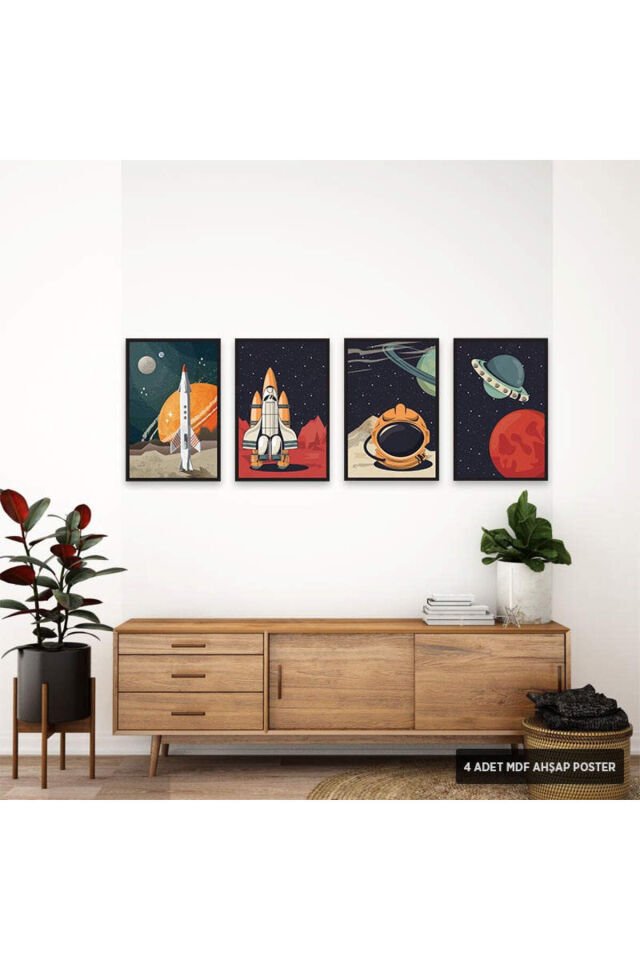 PS1034 - Astronot Modern Mdf Ahşap Poster Set (4 Adet - 20x30cm)
