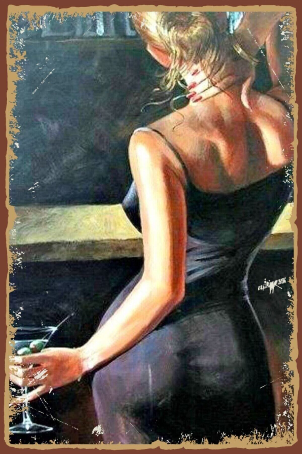 Kadın & Şarap Temalı Retro Ahşap Poster