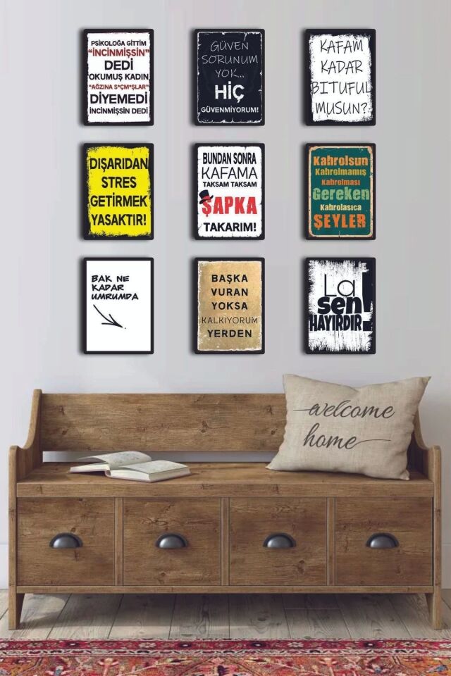 9 Parça Karışık Yazılı Ahşap Tablo Seti