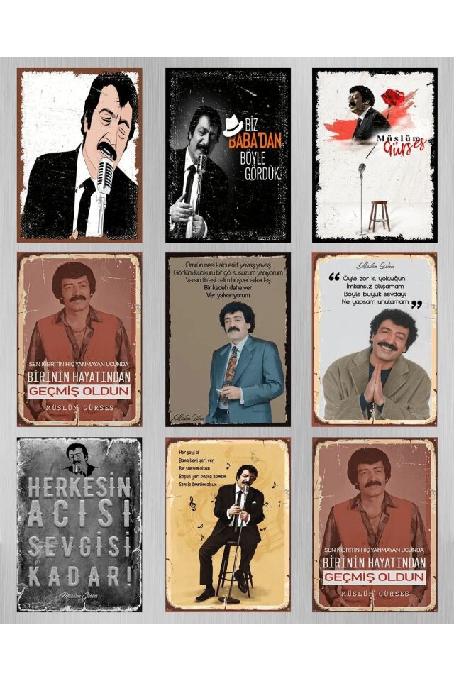 9 Parça Müslüm Gürses Tasarım Ahşap Tablo Seti