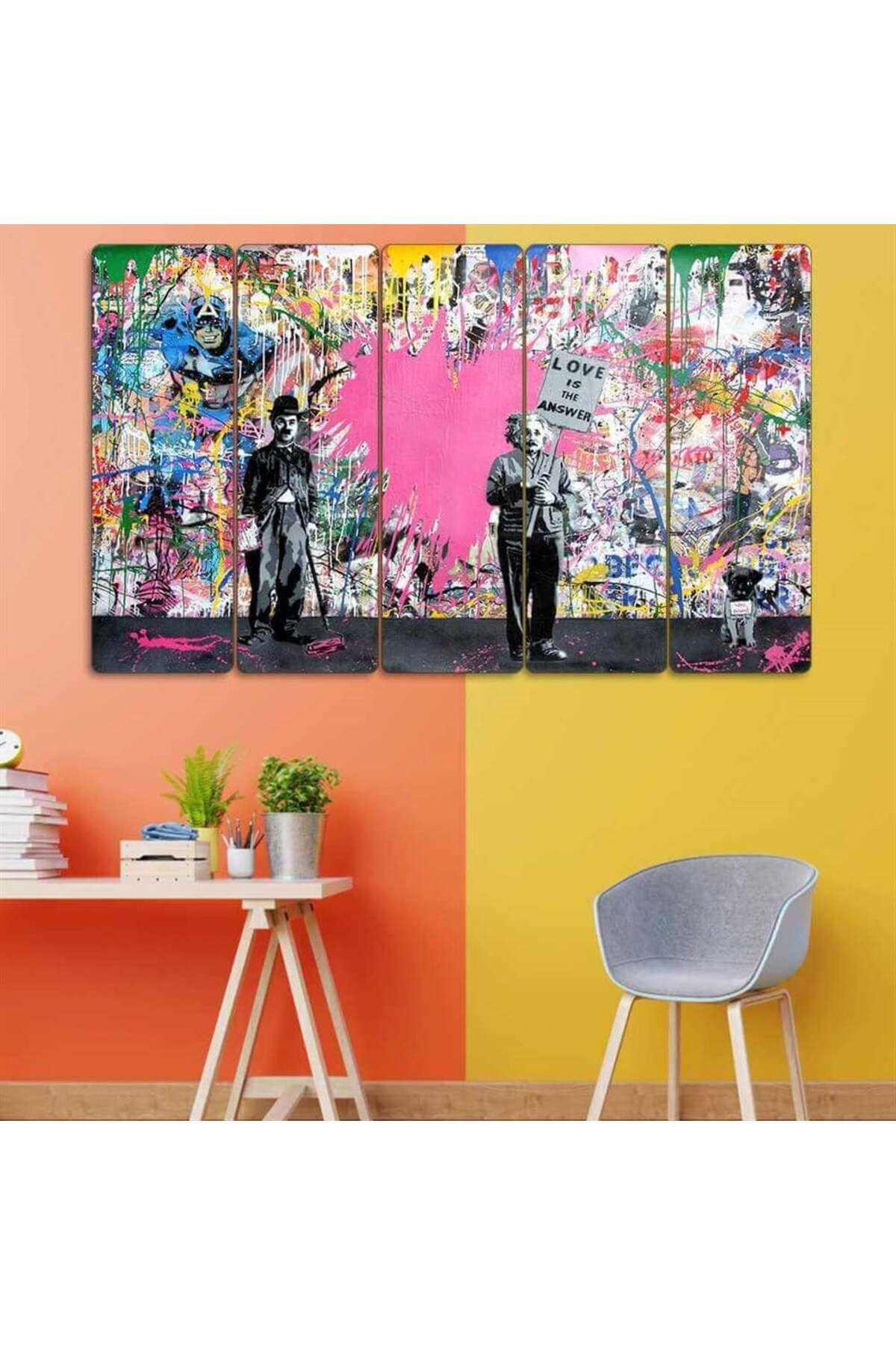 Grafiti, Charlie Chaplin, Albert Einstein - 5 Parçalı Tablo
