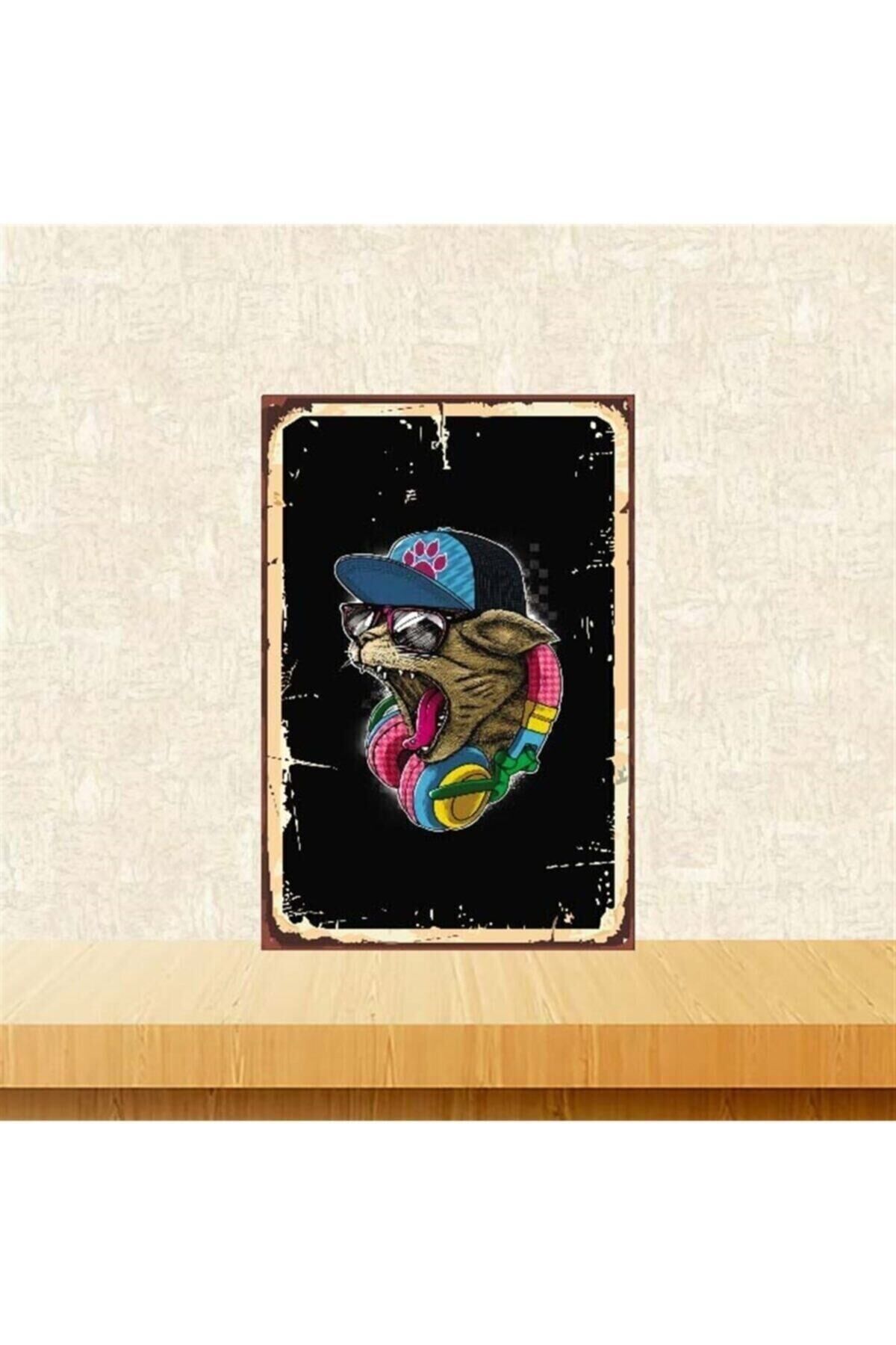 Kulaklık Takan Kedi Tasarımlı 20-30 Cm Retro Ahşap Poster