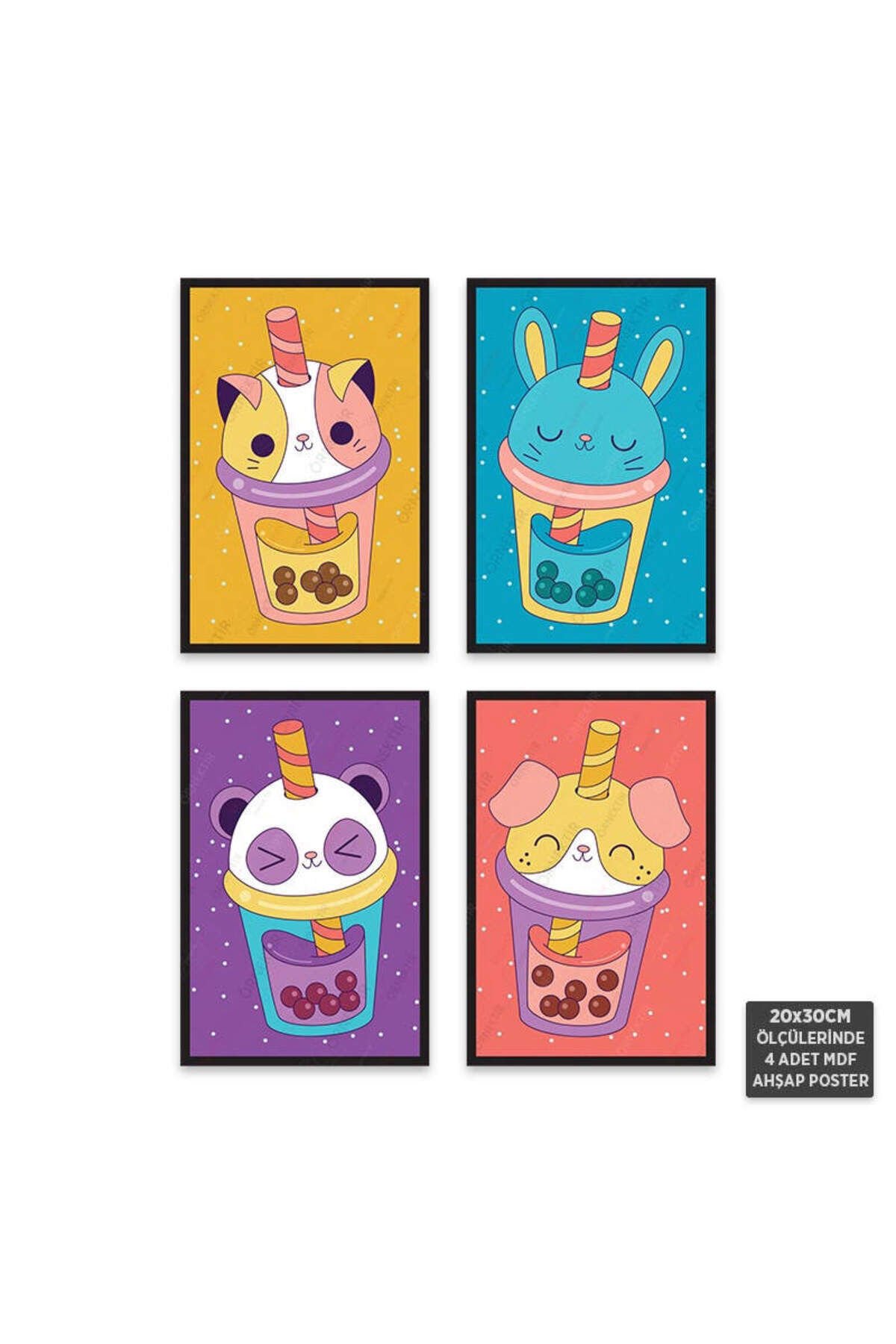 PS1028 - Sevimli Hayvanlar Modern Mdf Ahşap Poster Set (4 Adet - 20x30cm)