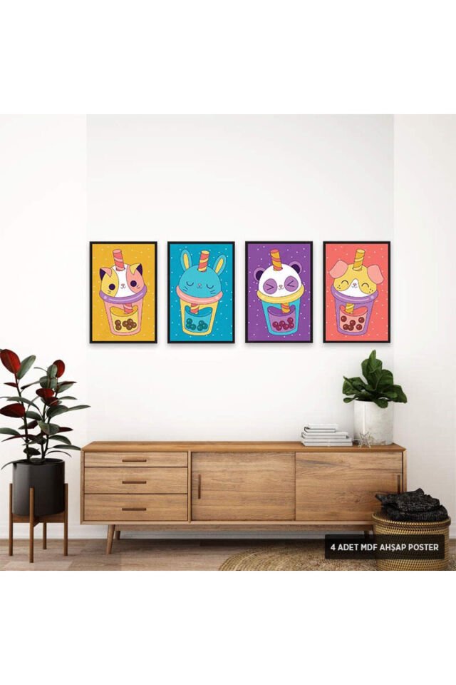 PS1028 - Sevimli Hayvanlar Modern Mdf Ahşap Poster Set (4 Adet - 20x30cm)