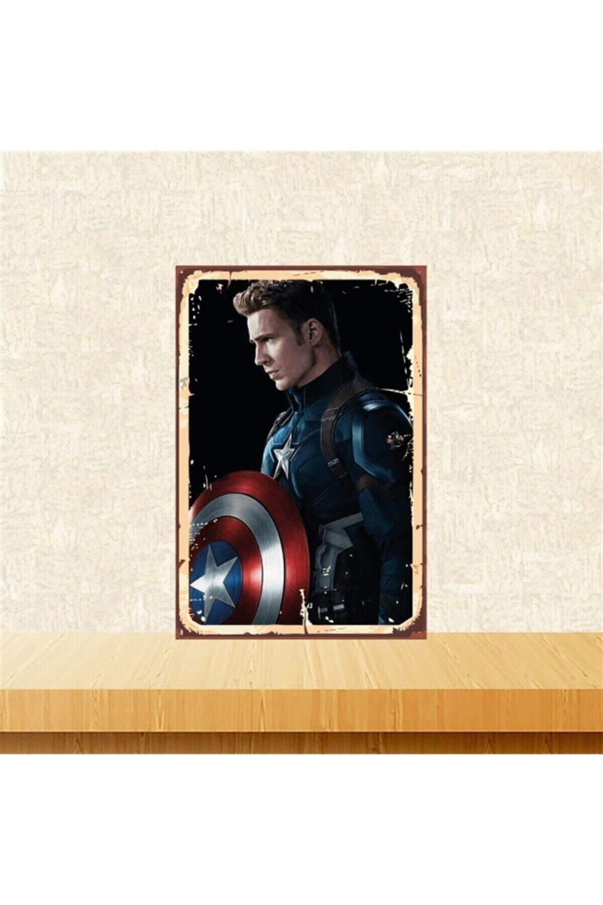 Captan America Tasarımlı Retro Ahşap Tablo Tkfx5906