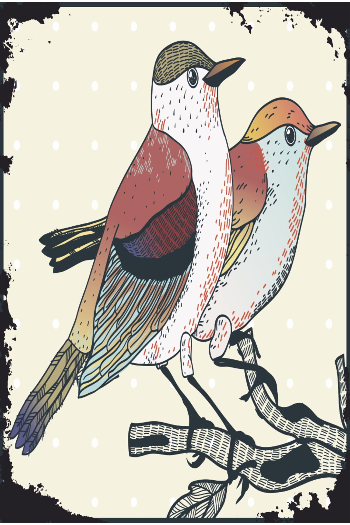 renkli sevimli iki kuş estetik vintage nostaljik tarzda retro ahşap poster