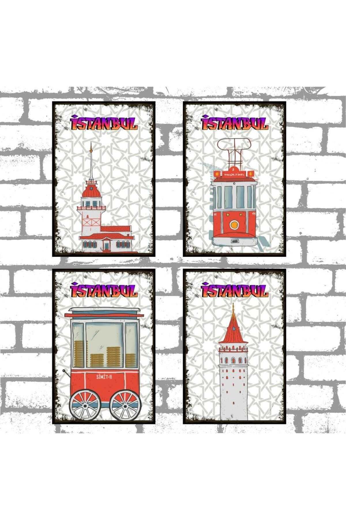 İstanbul Temalı Retro Ahşap Poster Seti 4 lü 20x30cm