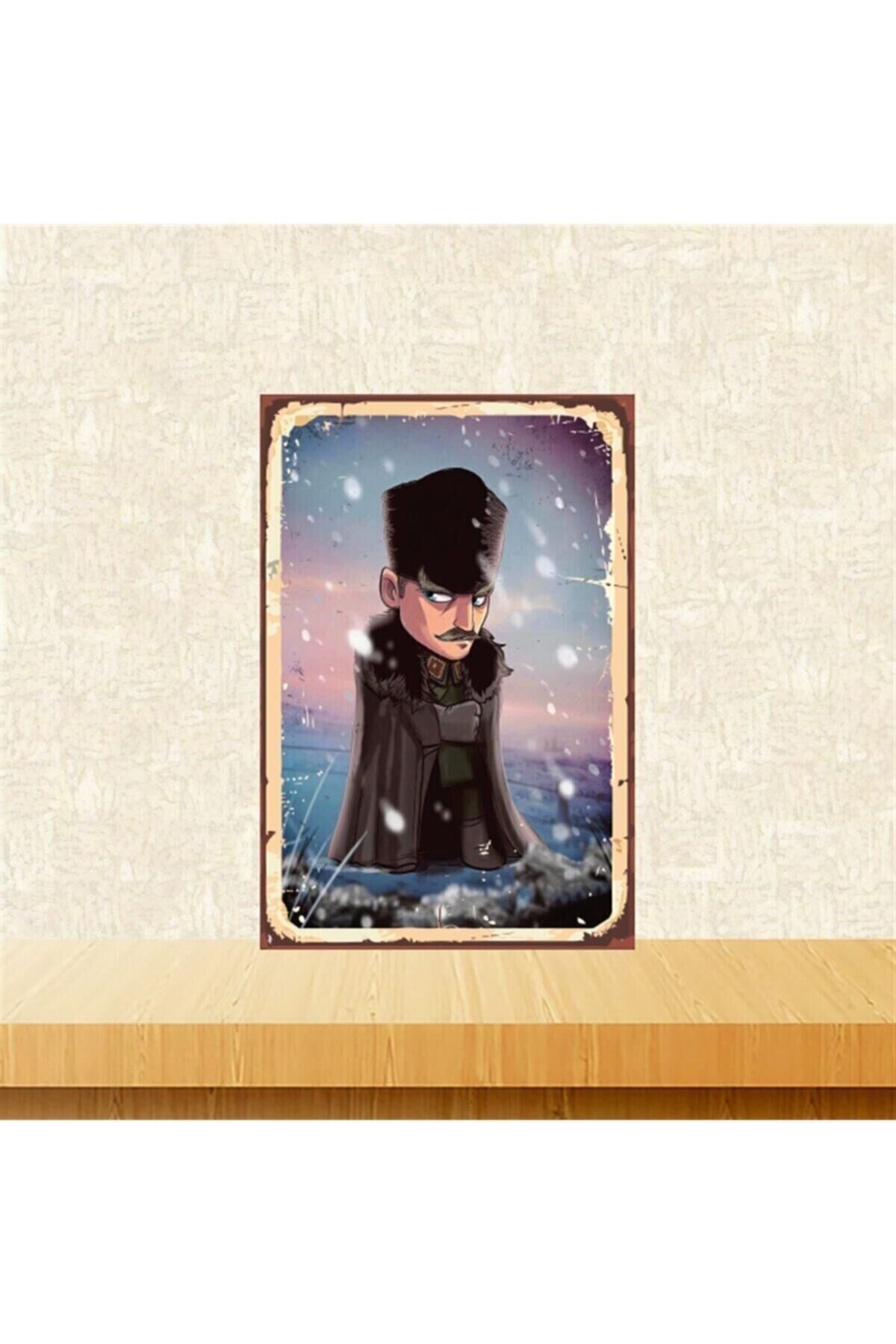 Mustafa Kemal Atatürk Kar Tasarımlı Retro Ahşap Tablo