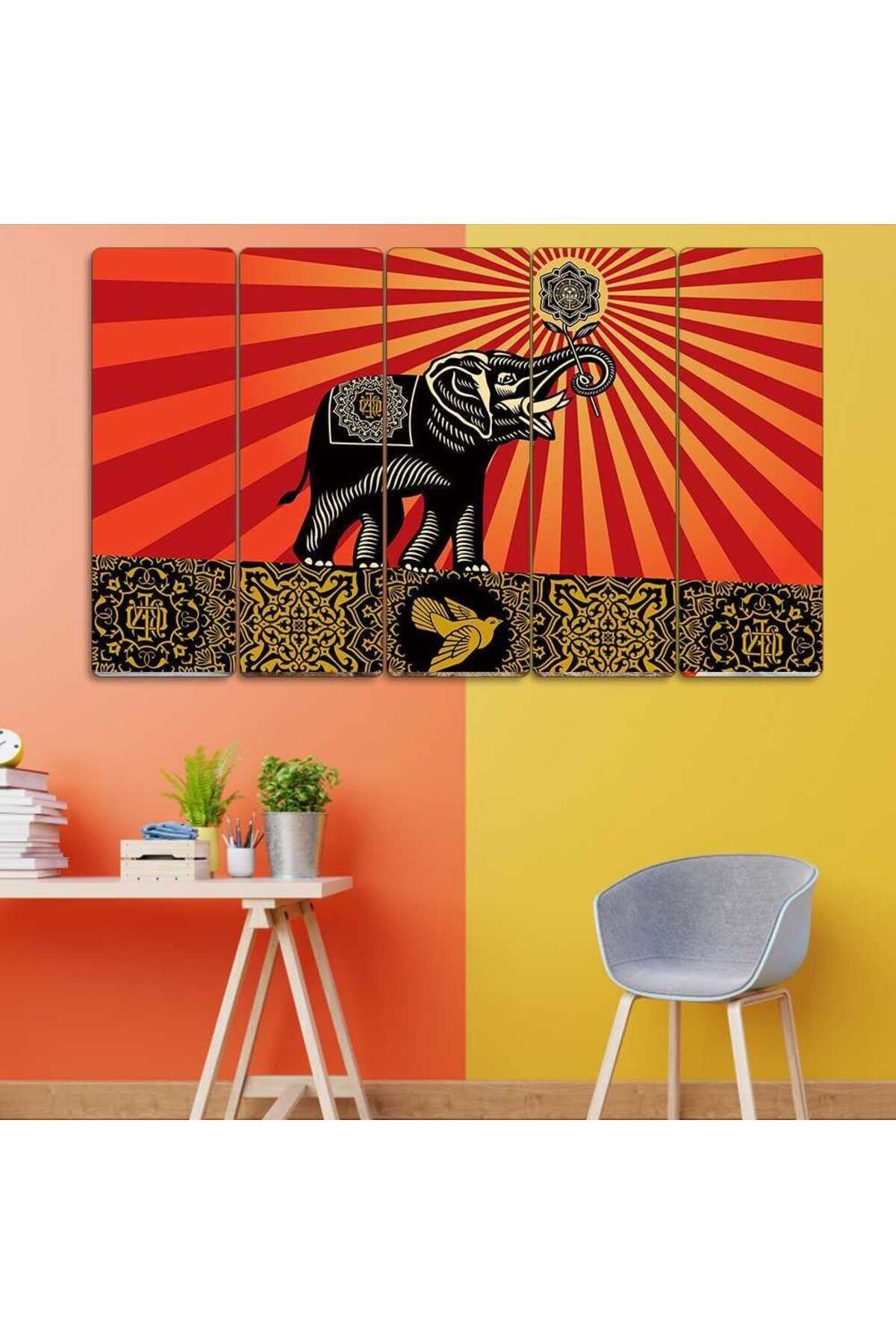 Shepard Fairey Elephant, Fil, Kuş - 5 Parçalı Tablo