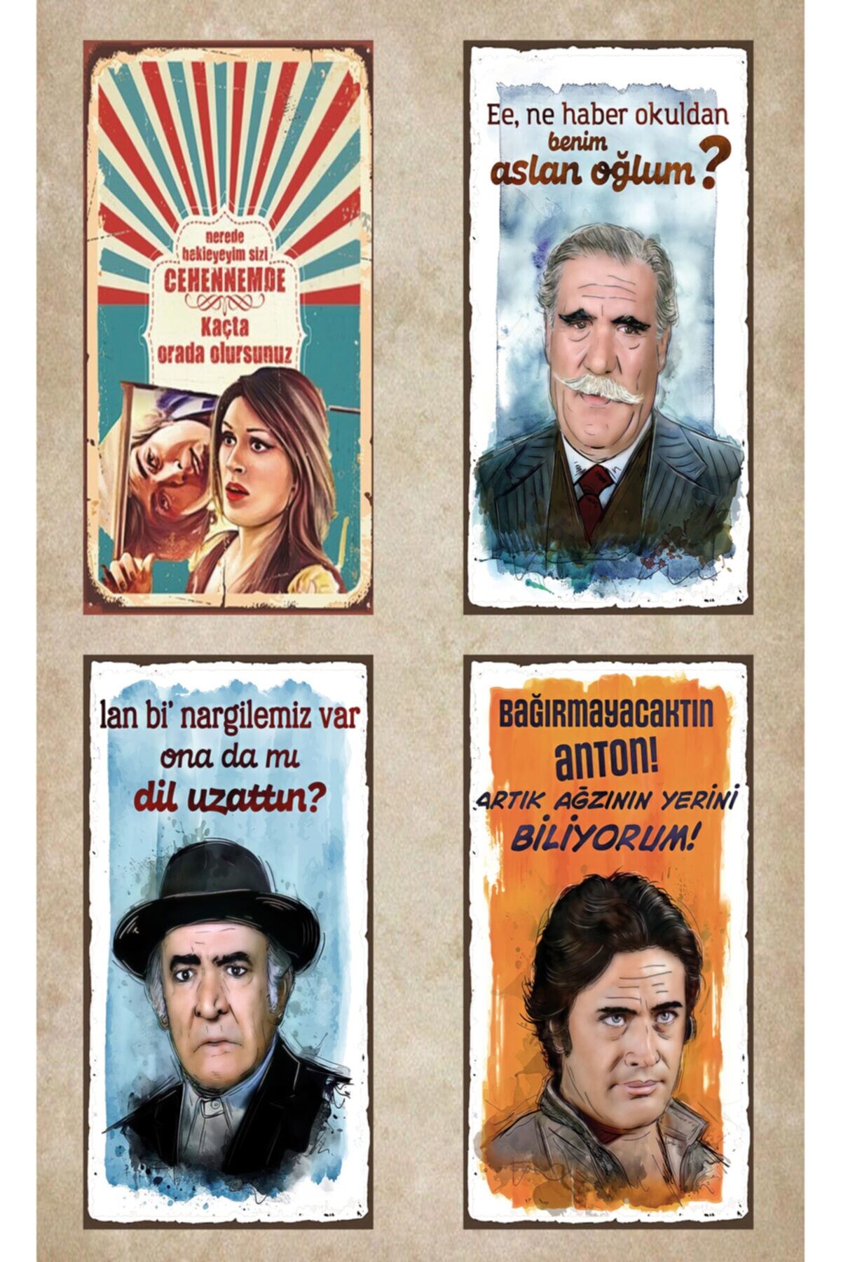 4’lü Yeşil Çam Set Retro Ahşap Poster Özel Koleksiyon Hbb