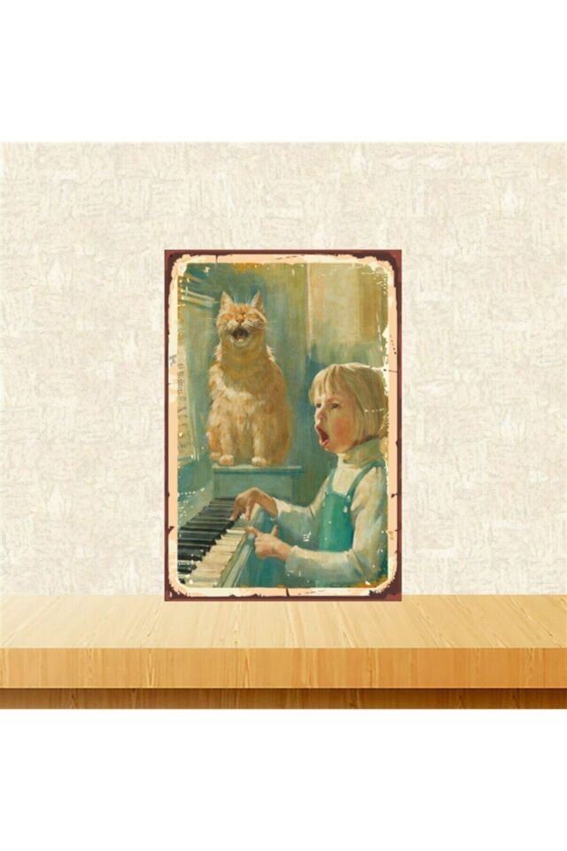 Piyano Çalan Çocuk Ve Kedi 20-30 Cm Retro Ahşap Tablo Tkfx4626