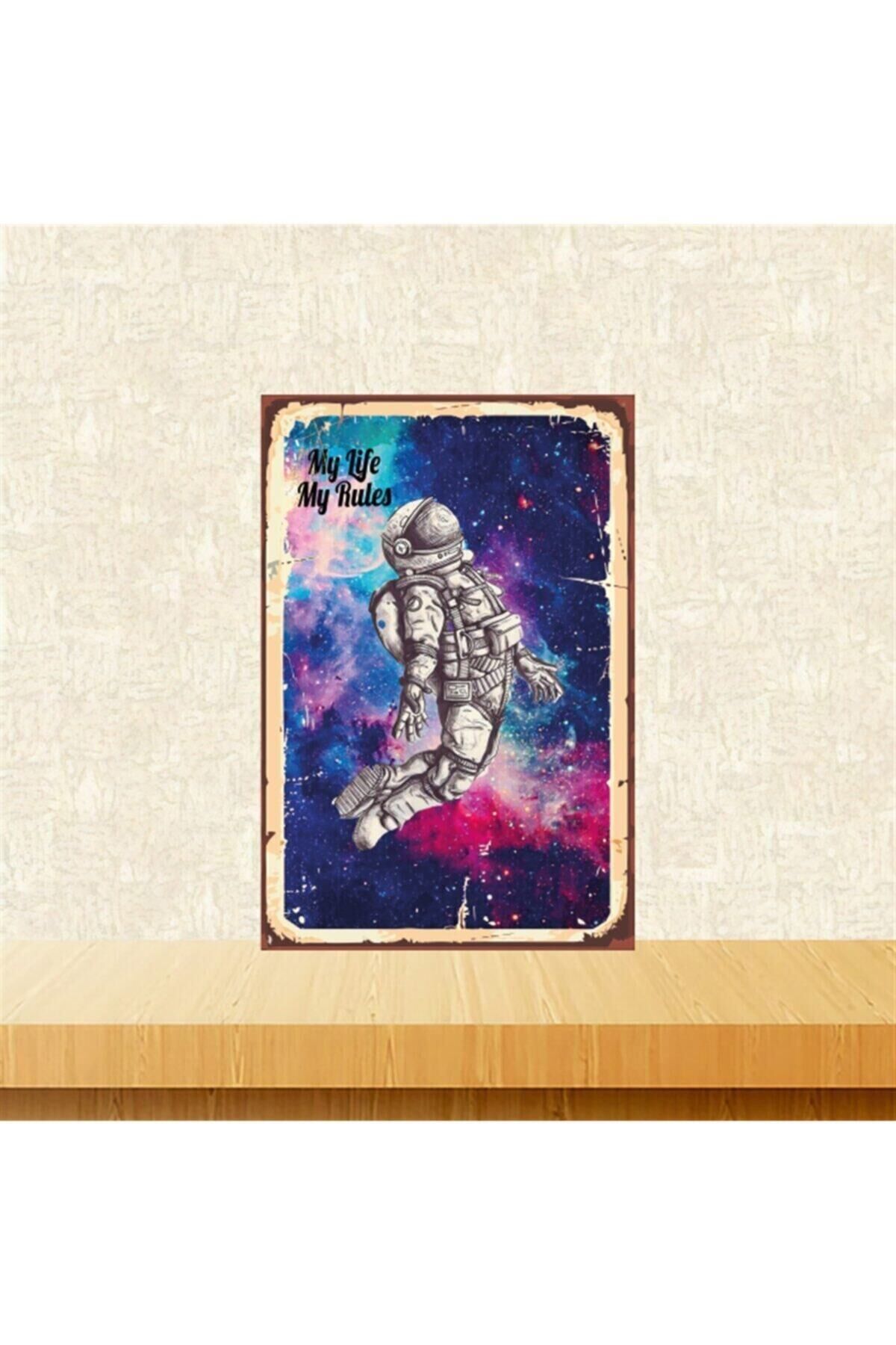 Astronot My Life My Rules 20-30 Cm Retro Ahşap Tablo Tkfx4705