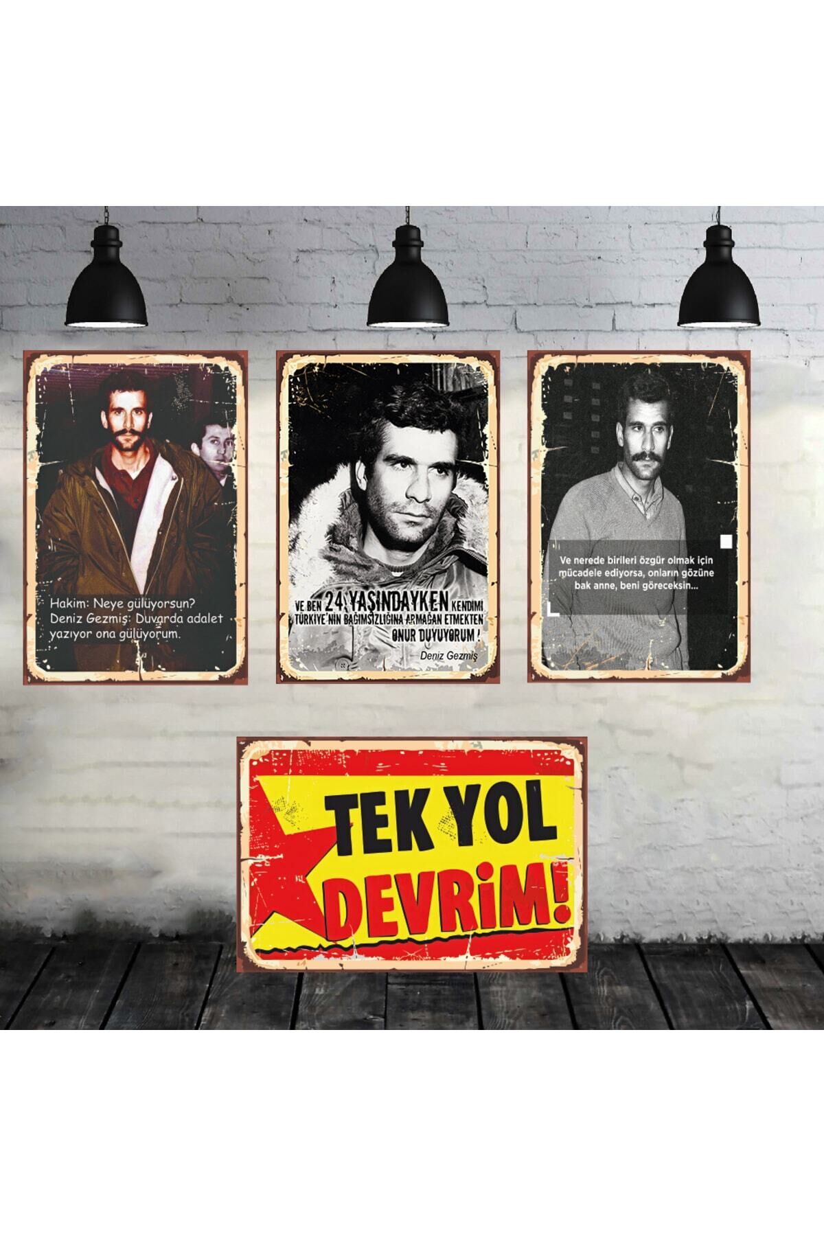 Deniz Gezmiş Tek Yol Devrim Seti 4 Adet 20x30 Cm Retro Ahşap Tablo