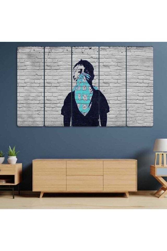 Graffiti Çocuk, Mavi Ayıcıklı Bandana - 5 Parçalı Tablo