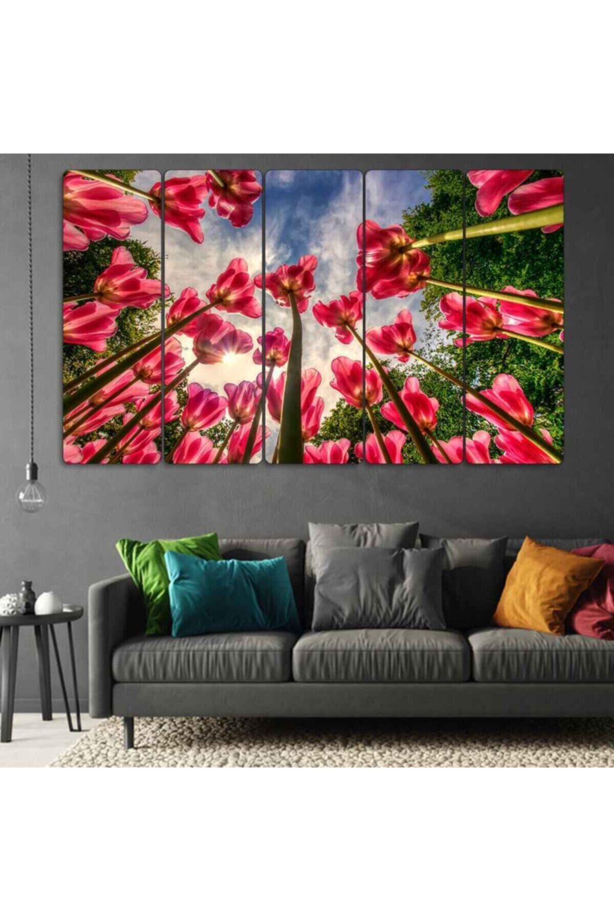 Laleler Çiçekler Gökyüzü 5 Parçalı Tablo