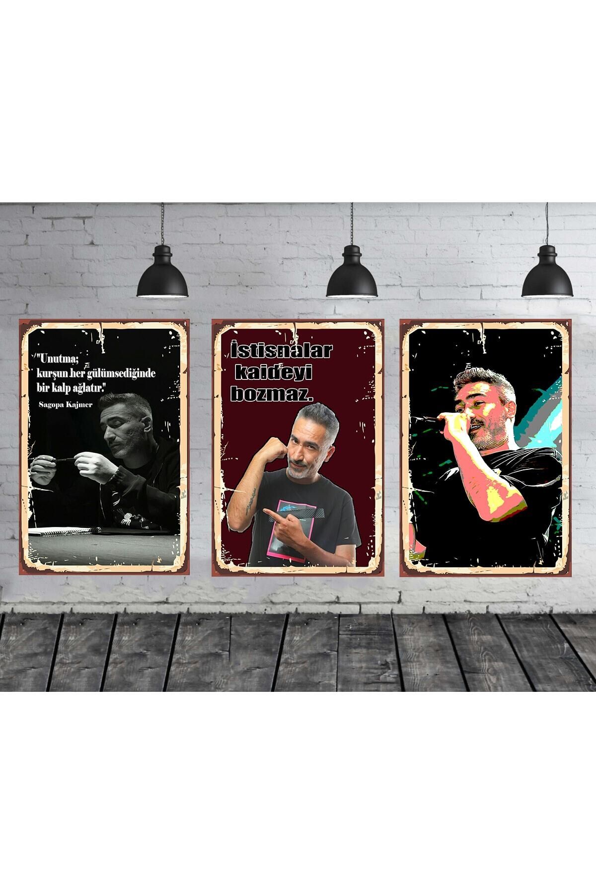 Sagopa Kajmer Seti 3 Adet 20x30 Cm Retro Ahşap Tablo