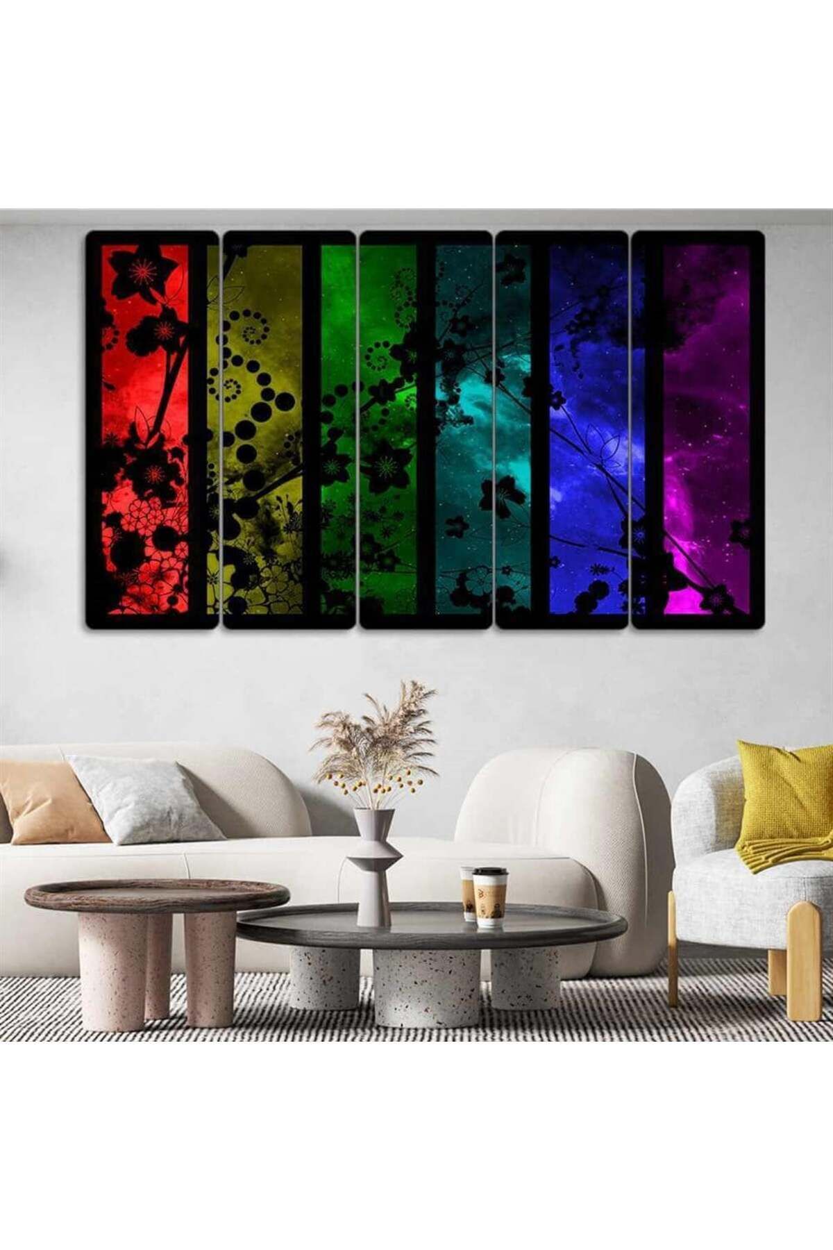 Renklerin Büyüsü: Çiçeklerin Kozmik Dansı - 5 Parçalı Tablo