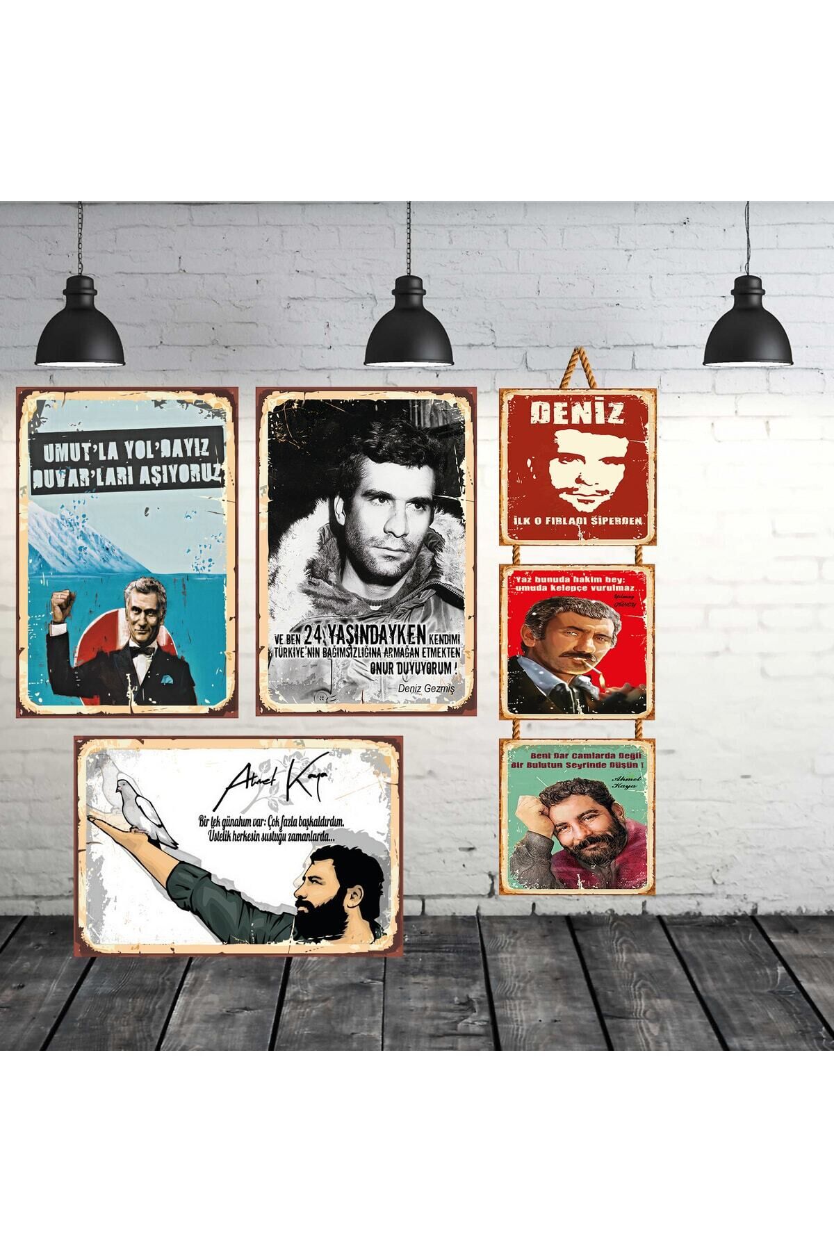 Ahmet Kaya Yılmaz Güney Deniz Gezmiş 3 Adet 20x30 Cm 3 Adet 15x15 Cm Retro Ahşap Tablo