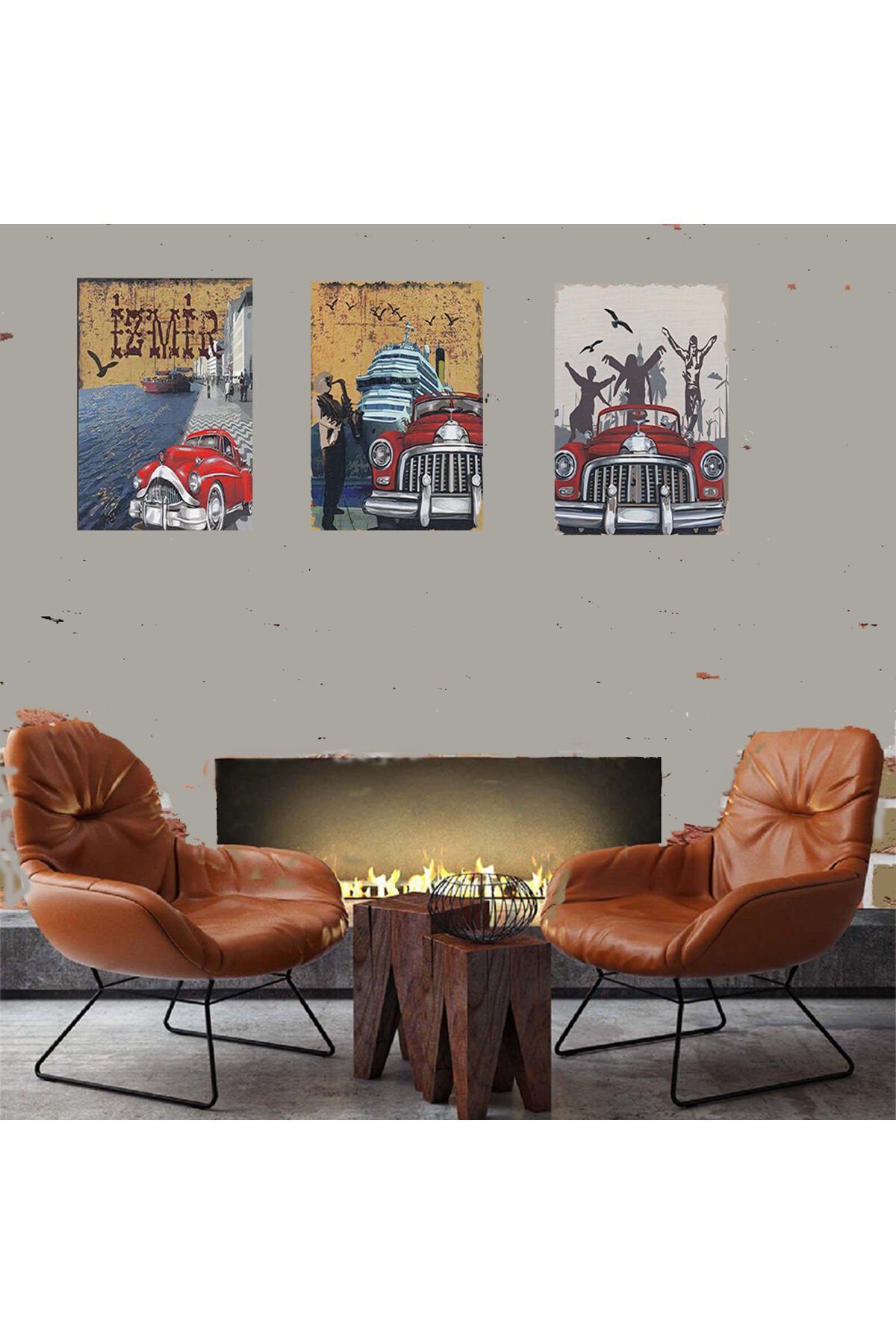 İzmir Manzara Seti 3 Adet 20x30 Cm Retro Ahşap Tablo