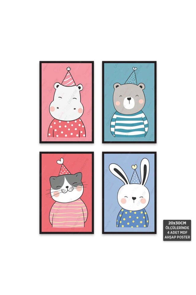 PS1017 - Sevimli Hayvanlar Modern Mdf Ahşap Poster Set (4 Adet - 20x30cm)
