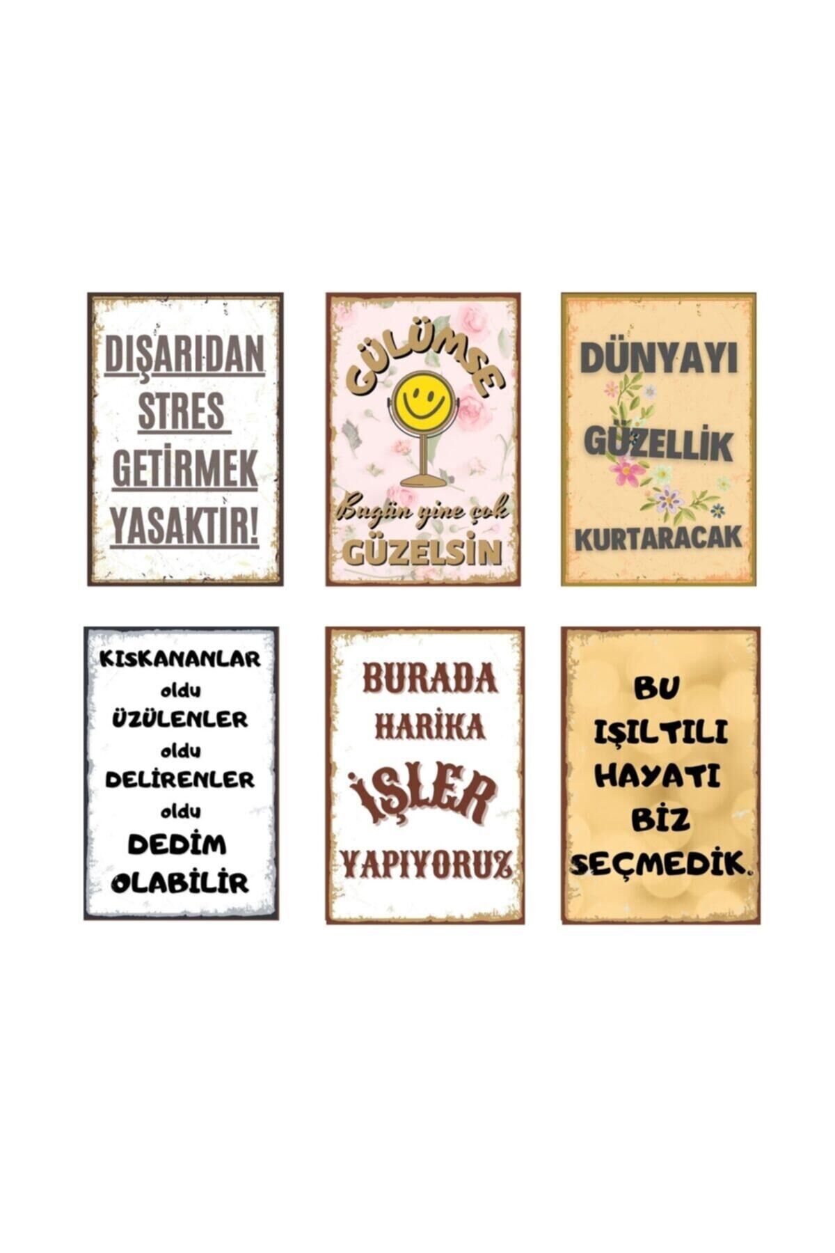 Motive Edici Duvar Yazıları 6 Lı Retro Ahşap Poster Seti