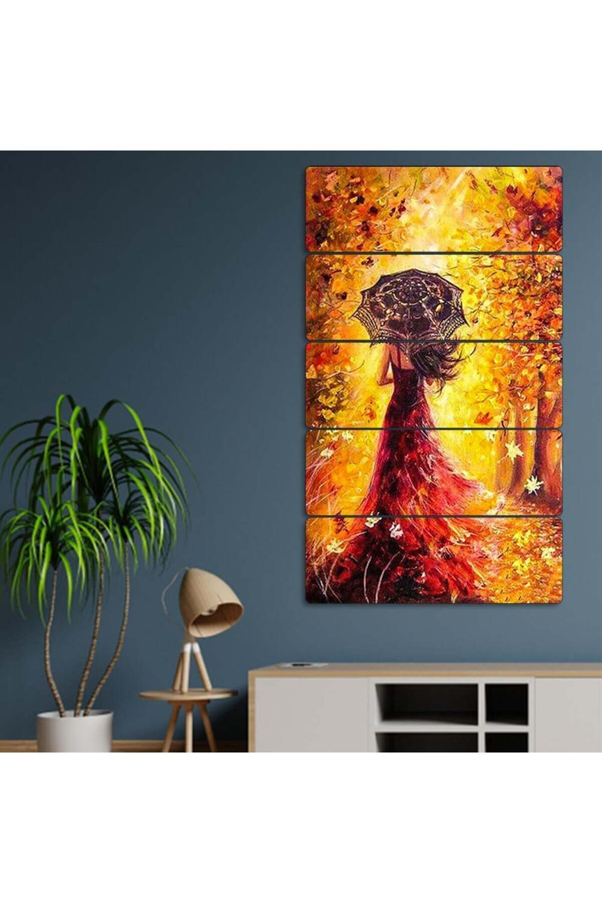 Kadın, Şemsiye, Sonbahar - 5 Parçalı Tablo