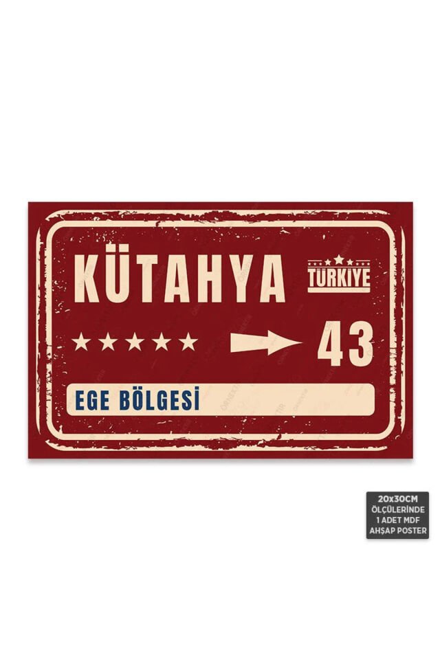 PT1117 - Kütahya Şehir Tabelası Retro Mdf Ahşap Poster (20x30cm)