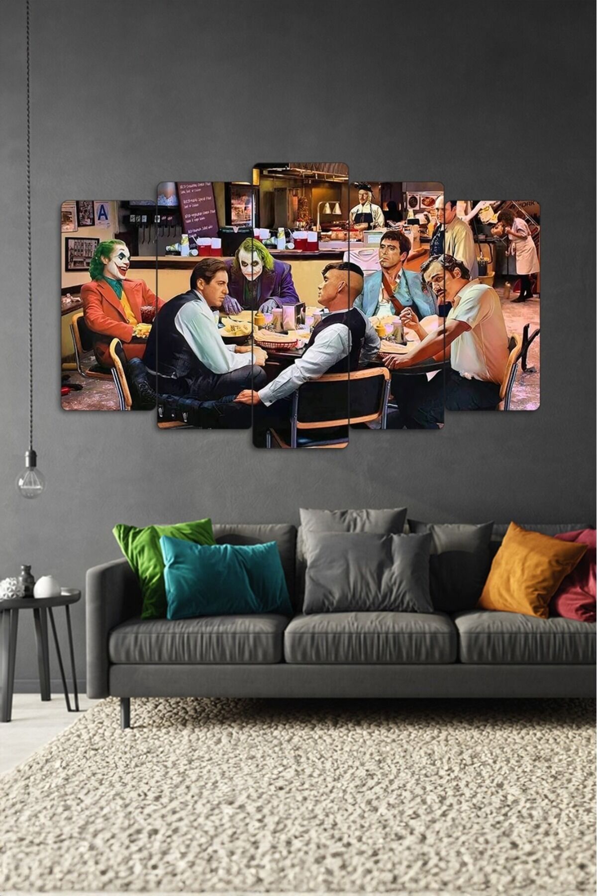 Efsane Filmler Tek Masada - Joker, Scarface, Peaky Blinders - 5 Parçalı Tablo