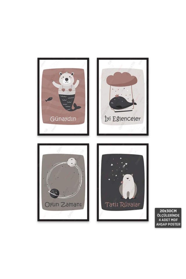PS1012 - Çocuk Odası Modern Mdf Ahşap Poster Set (4 Adet - 20x30cm)