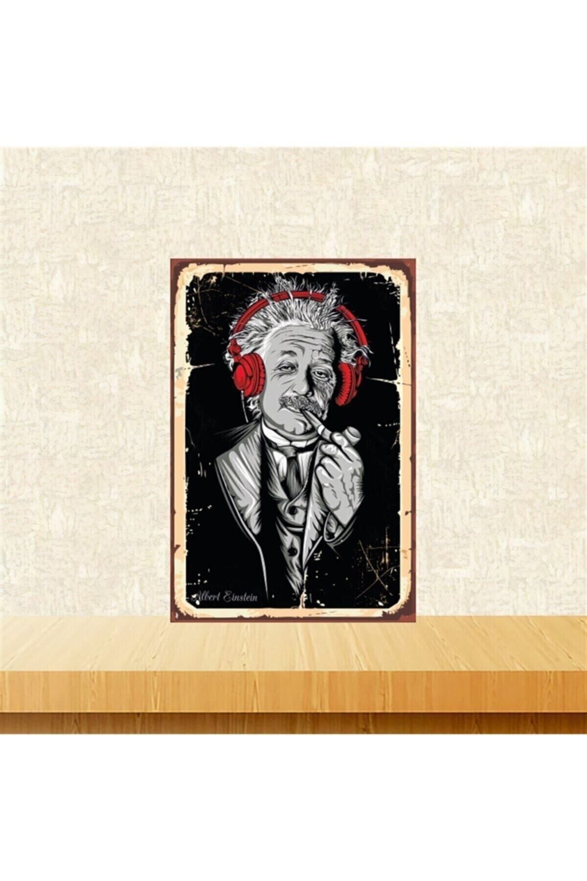 Albert Einstein Kulaklık Tasarımlı 20-30 Cm Retro Ahşap Tablo Tkfx4798