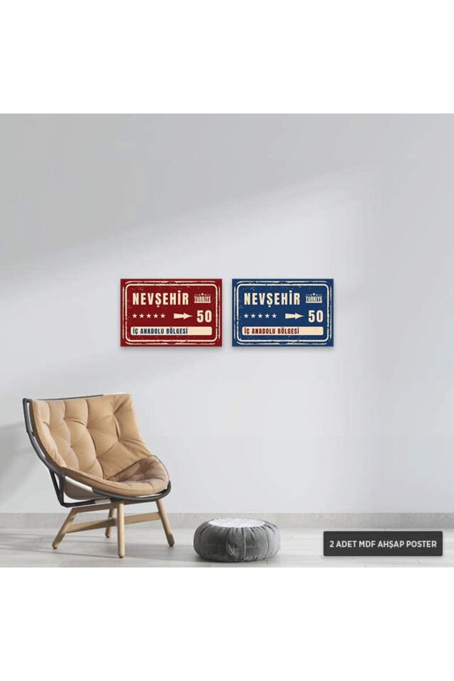 PS1089 - Nevşehir Şehir Tabelası Retro Mdf Ahşap Poster Set (2 Adet - 20x30cm)