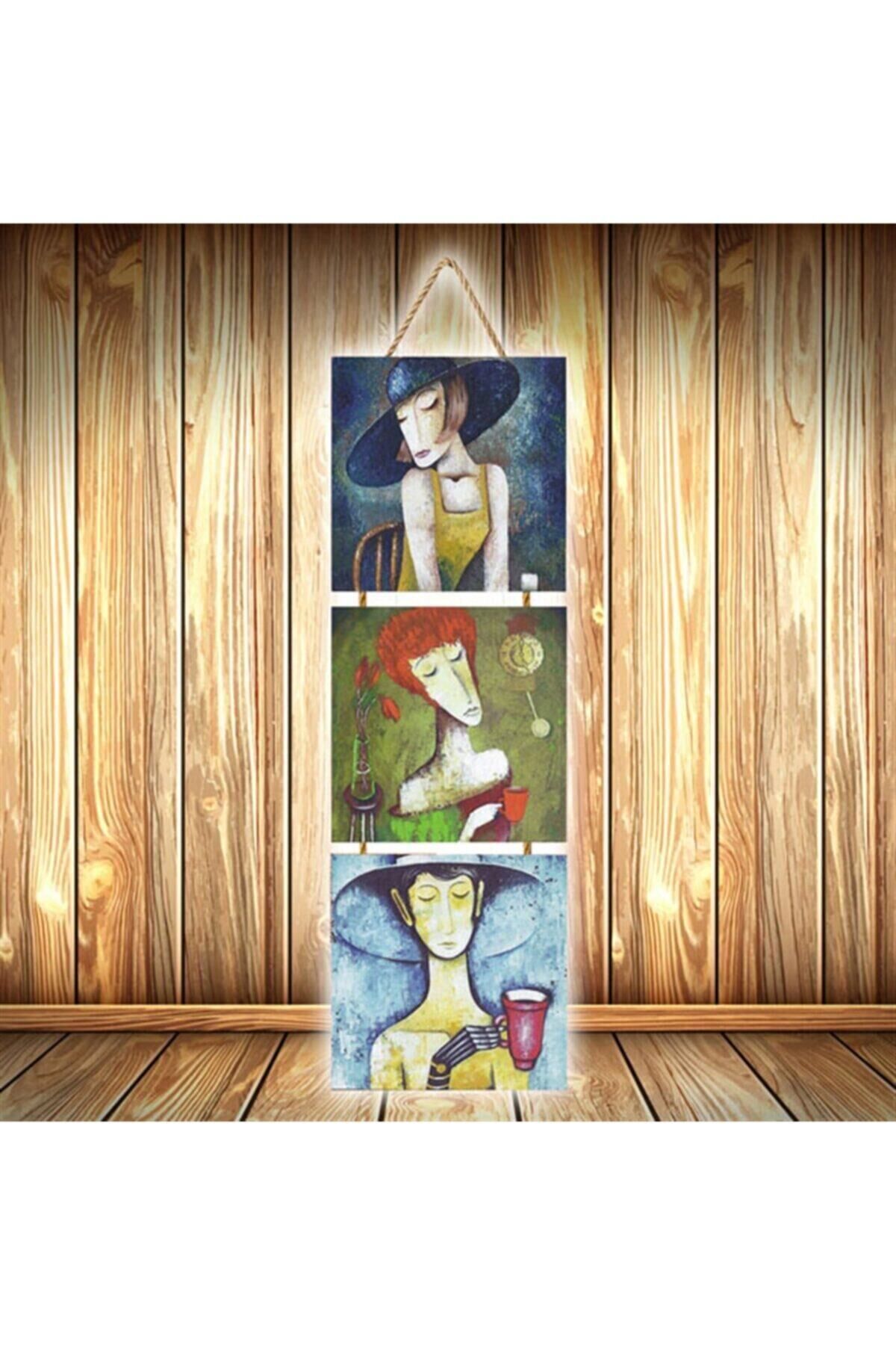 Mutsuz Kadınlar Tasarımlı Retro Ahşap Poster 3'lü