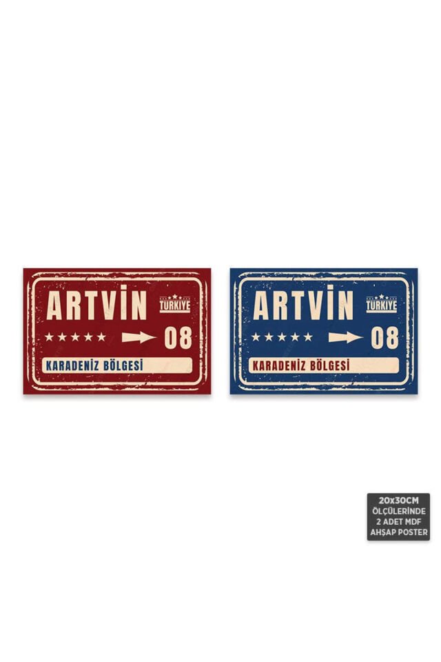 PS1046 - Artvin Şehir Tabelası Retro Mdf Ahşap Poster Set (2 Adet - 20x30cm)