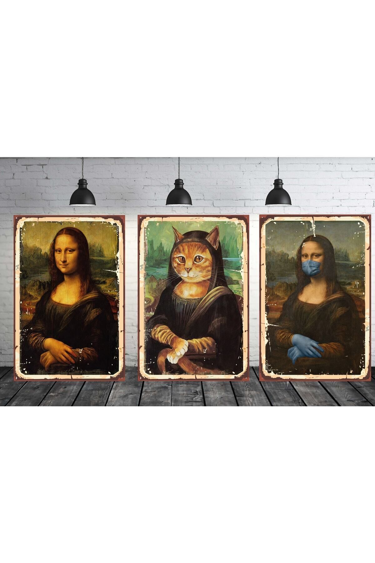Mona Lisa Seti 3 Adet 20x30 Cm Retro Ahşap Tablo