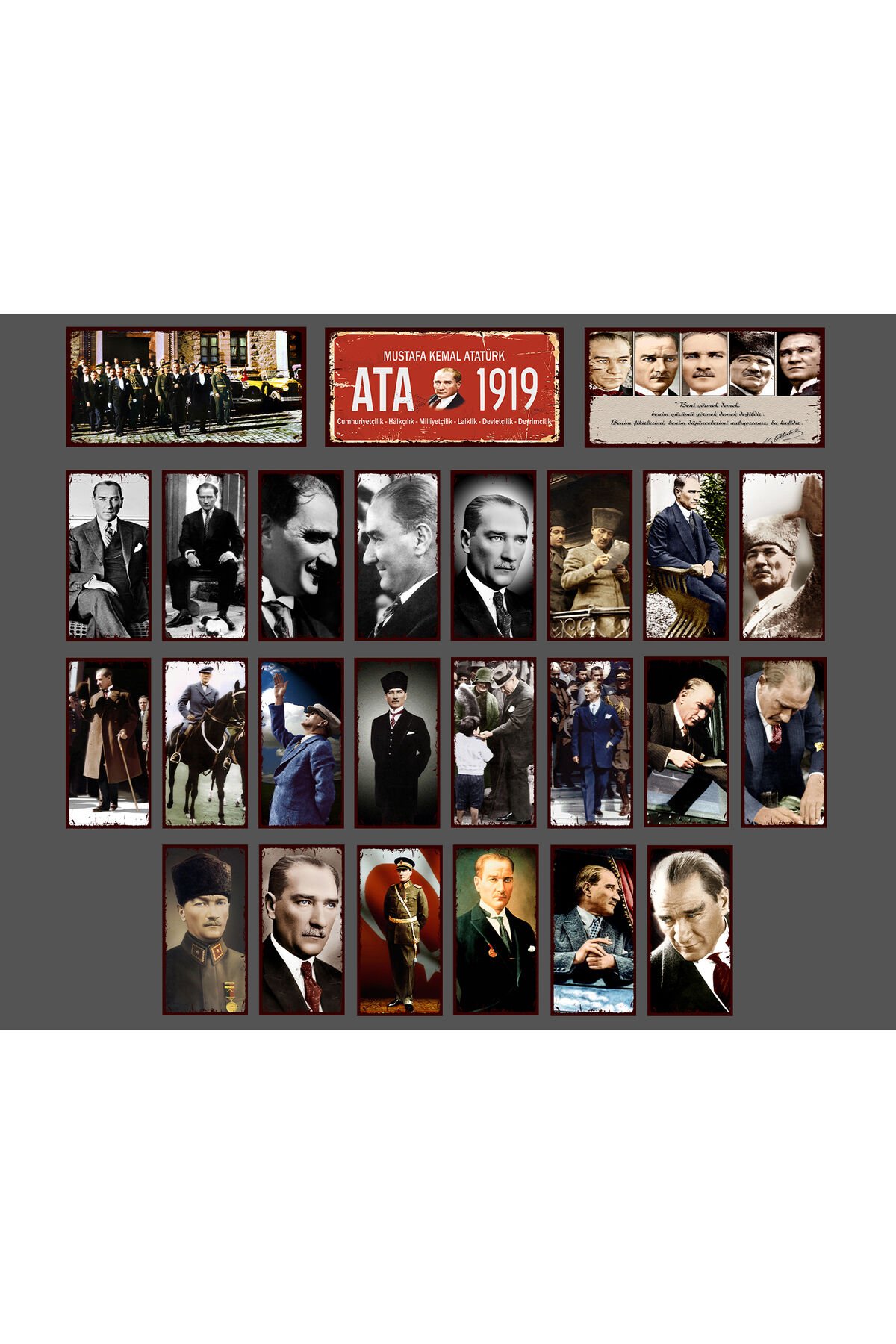 Atatürk Posteri 24 adet 10x20 Retro Ahşap Poster Tablo