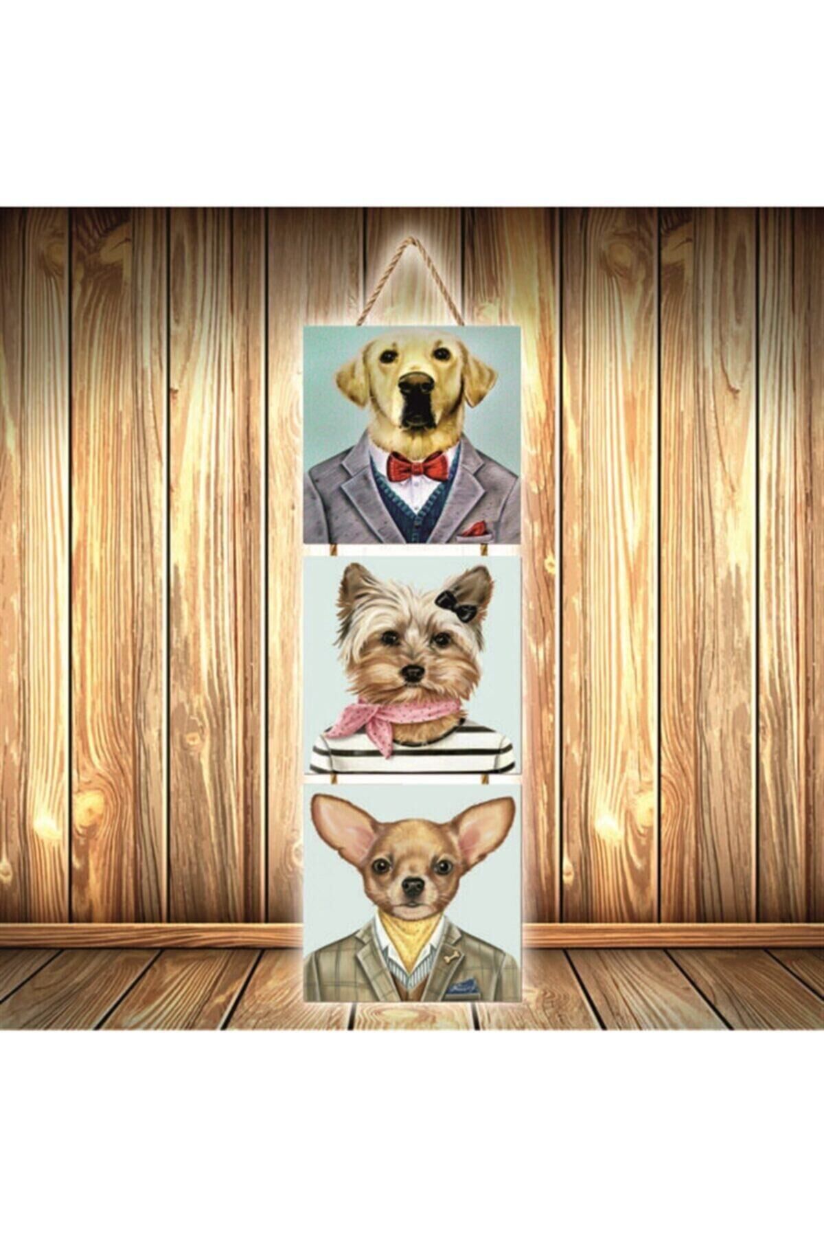 Manken Köpekler Tasarımlı Üçlü Retro Ahşap Poster Ü481