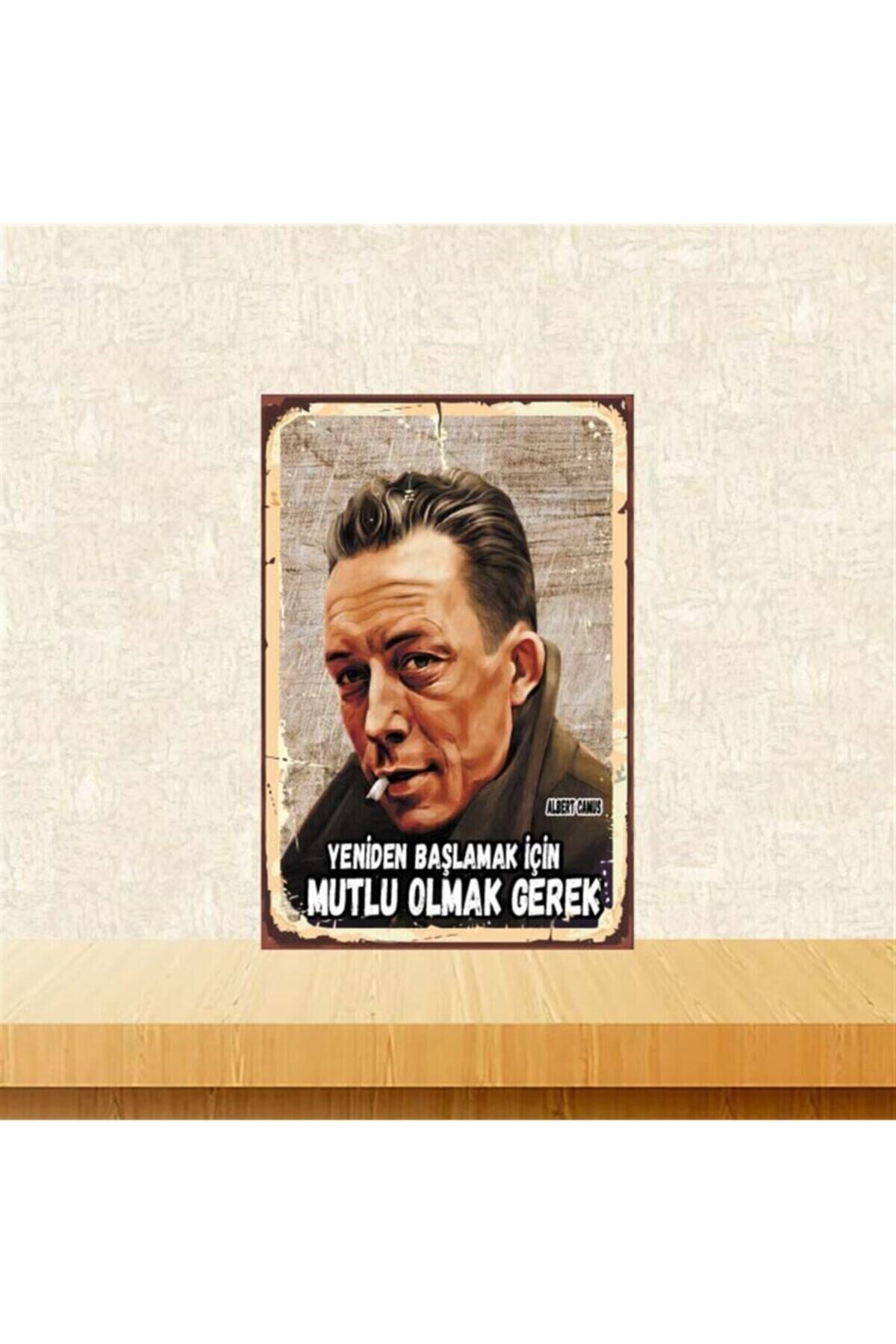 Mutlu Olmak Gerek Albert Camus Retro Ahşap Poster