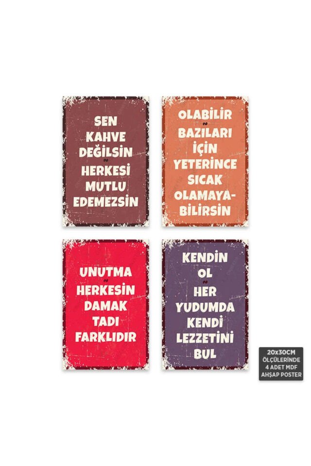 PS1130 - Türkçe Retro Mdf Ahşap Poster Set (4 Adet - 20x30cm)