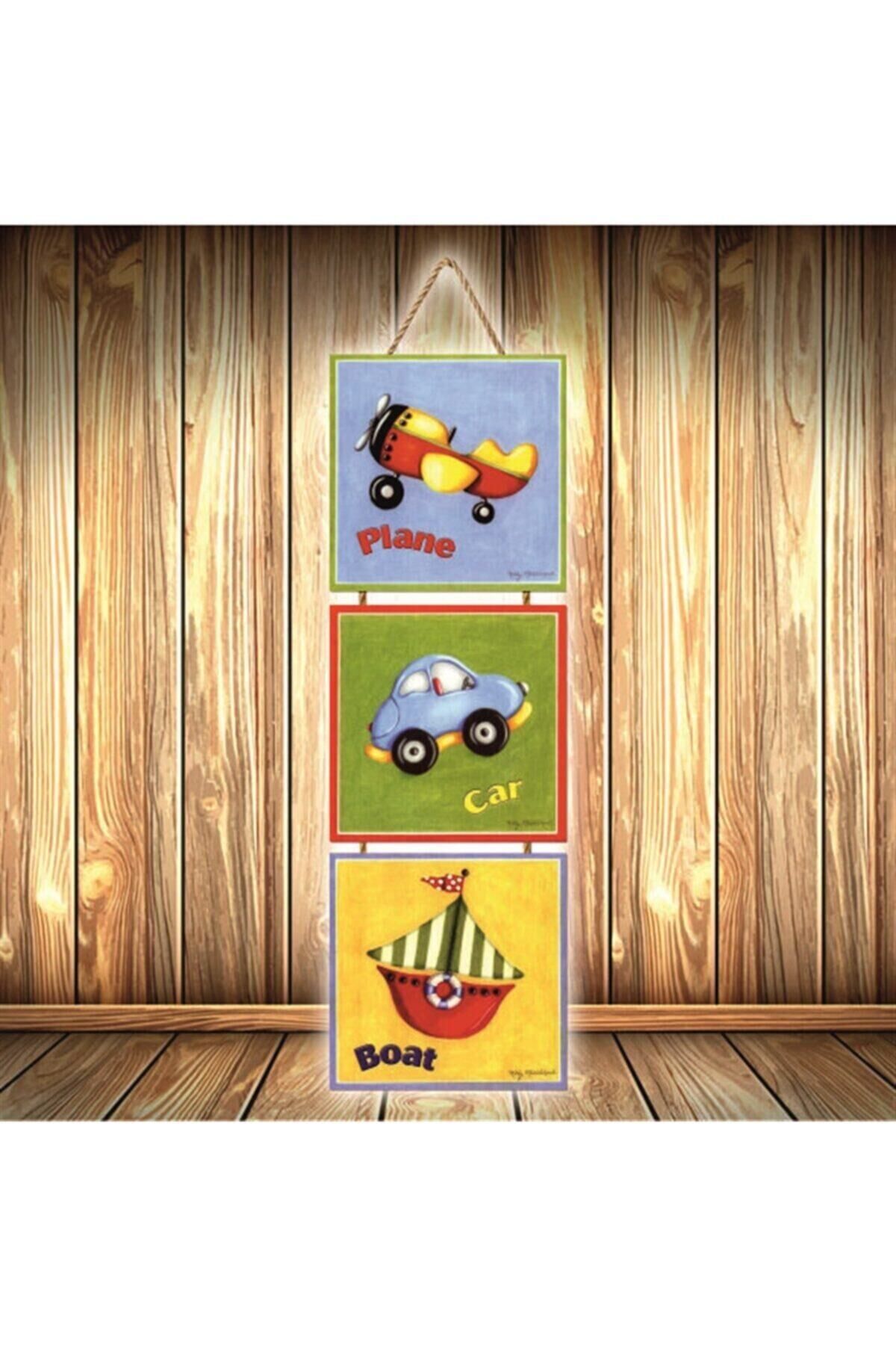 Mavi Plane Car Boat Tasarımlı Üçlü Retro Ahşap Poster Ü495