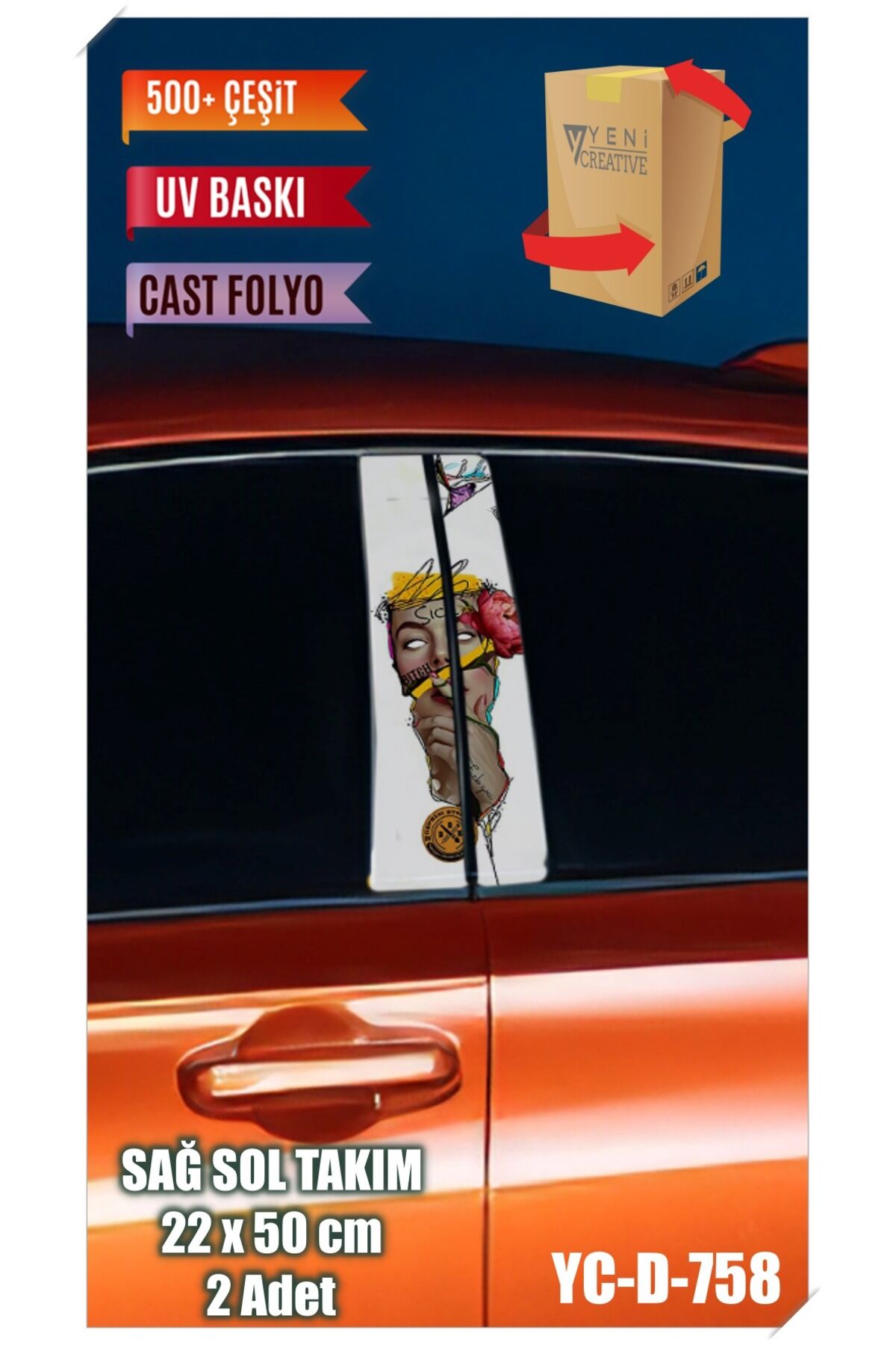 Araç Kapı Direk Kaplama Folyosu Kadın Desenli Uyumlu (SAĞ SOL TAKIM) (2 ADET) - 22x50 Cm